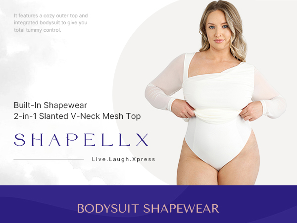 SHAPELLX Long Sleeve Bodysuit Tummy Control V Neck Shapewear