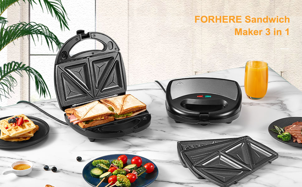3in1 Waffle Maker, Sandwich Maker, Panini Press with Removable Plates