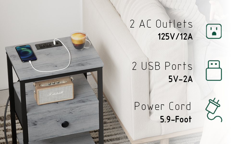 GGWEW Night Stand with Charging Station, Nightstand with