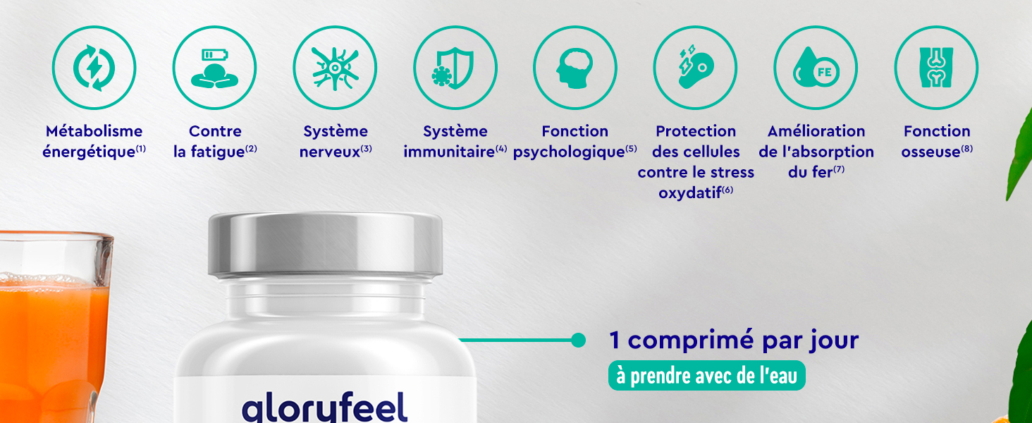 Flacon de médicament blanc avec étiquette « Alorufeel », accompagné d'un liquide orange en verre et d'une rangée d'icônes de bienfaits. Les instructions indiquent un comprimé par jour.
