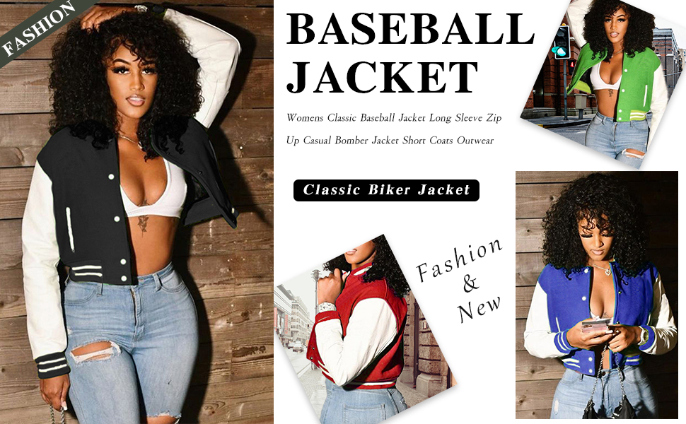 Womens Classic Baseball Jacket Long Sleeve Zip Up Casual Bomber Jacket Short Coats Outwear