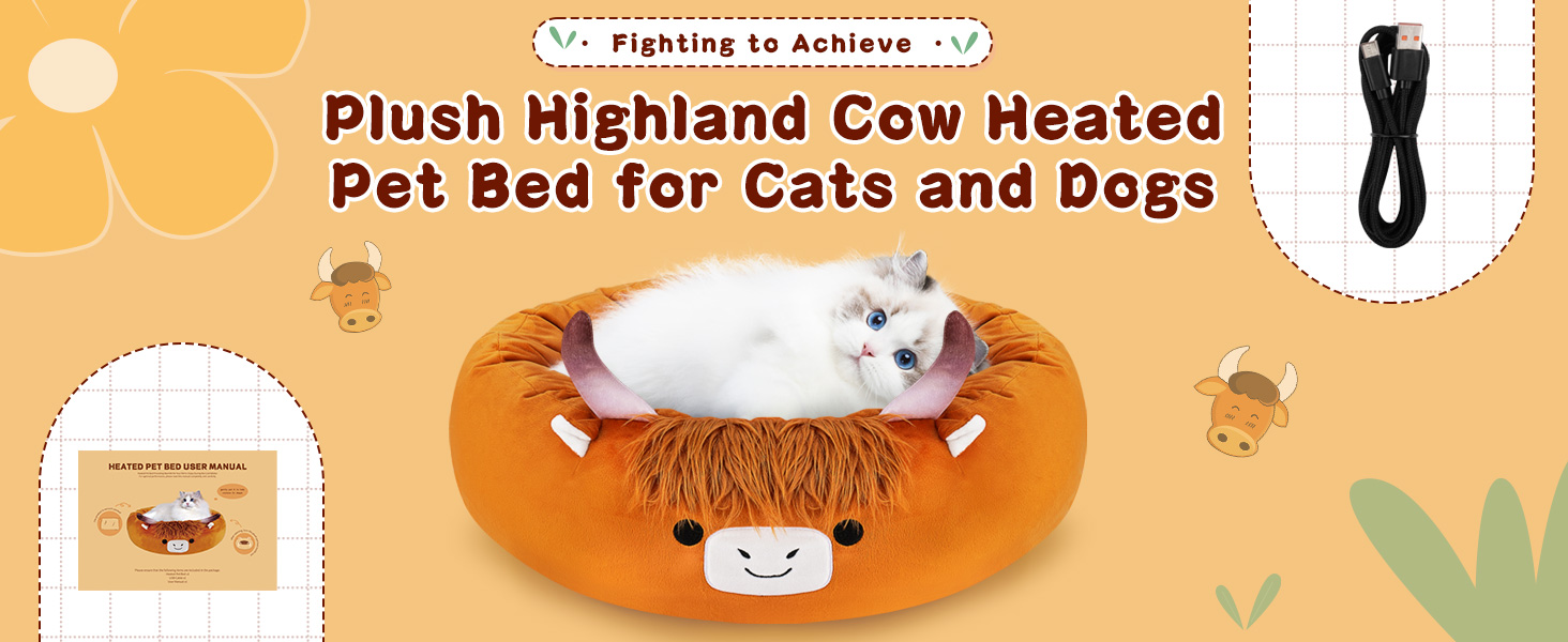 Heated pet bed plush highland cow