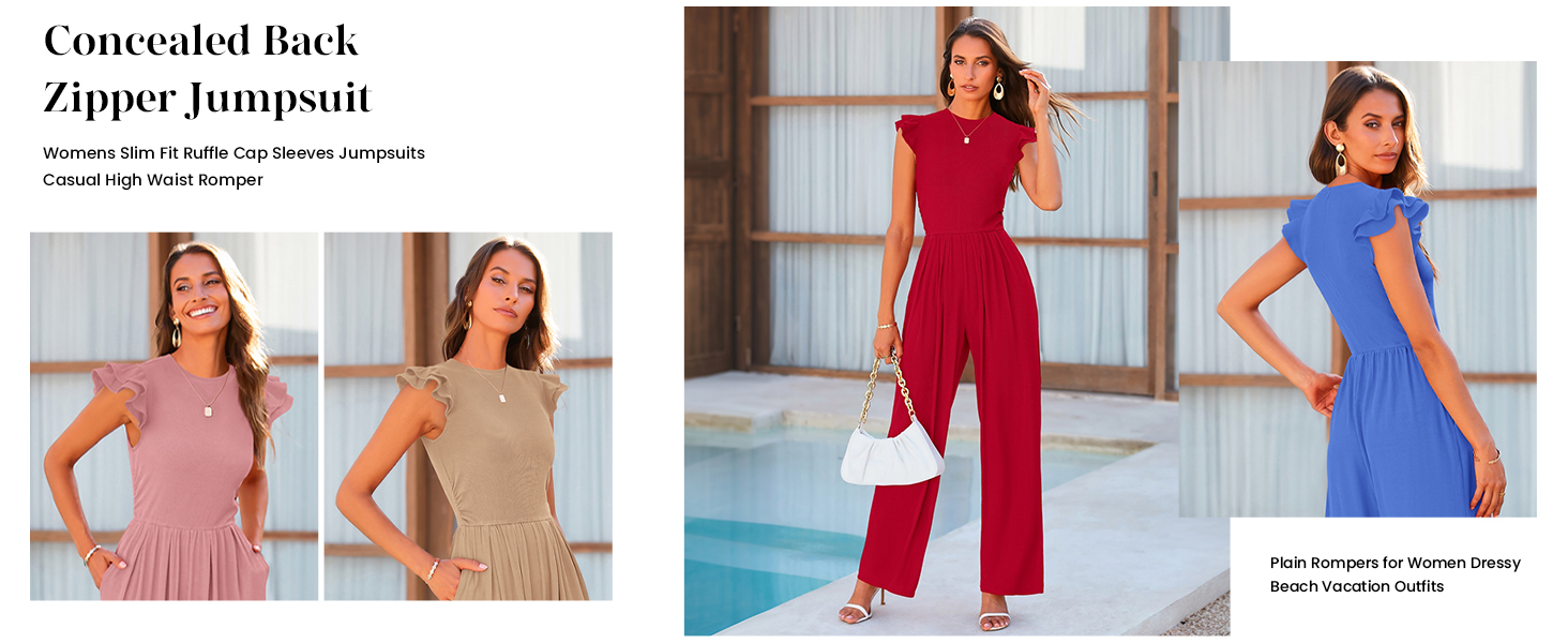 PRETTYGARDEN Womens Ruffle Cap Sleeves Jumpsuits Casual Empire Waist Long Pants Romper