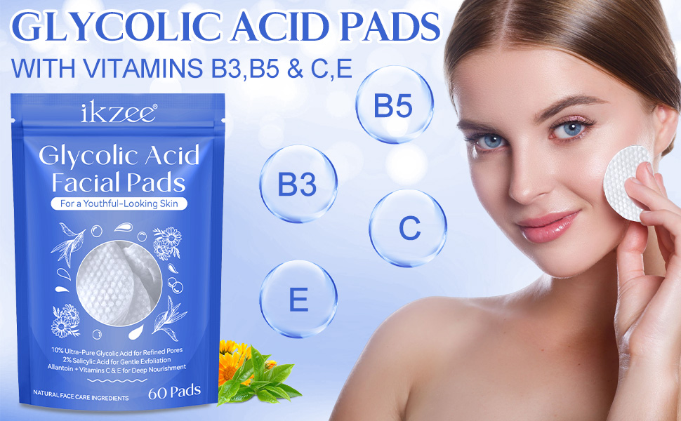 Glycolic Acid Pads,Glycolic Acid Peel Pads with 10% Ultra Pure Glycolic + 2% Salicylic Acid,Cleansing Pads for Face & Body with Vitamins B3, C & E, Green Tea, Calendula, Allantoin - 60 Pads 11 ikzee果酸棉片60p-1
