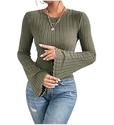 SweatyRocks Women's Bell Sleeve Crop Tops Dressy Casual Crewneck Lettuce Trim Ribbed Fitted Shirts