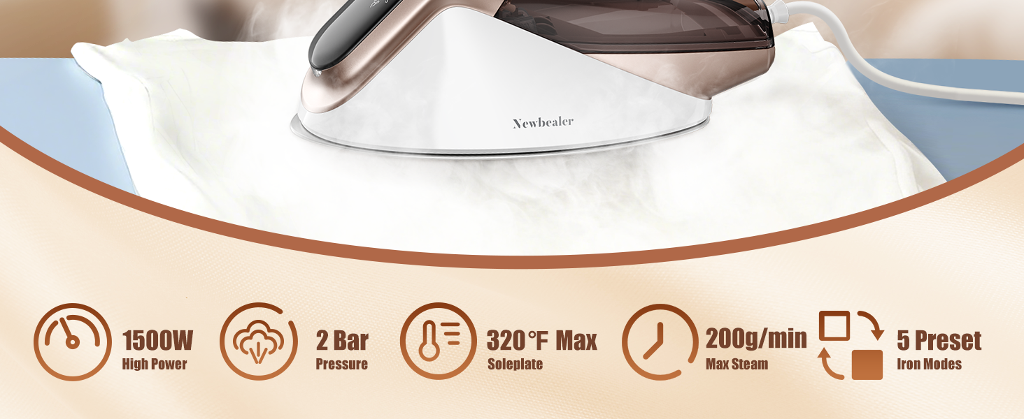 Newbealer steamer high power steam pressure low-temp soleplate preset iron modes wrinkle removal