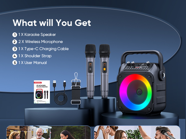 Portable Bluetooth Speaker with 2 Wireless Microphones for Adults
