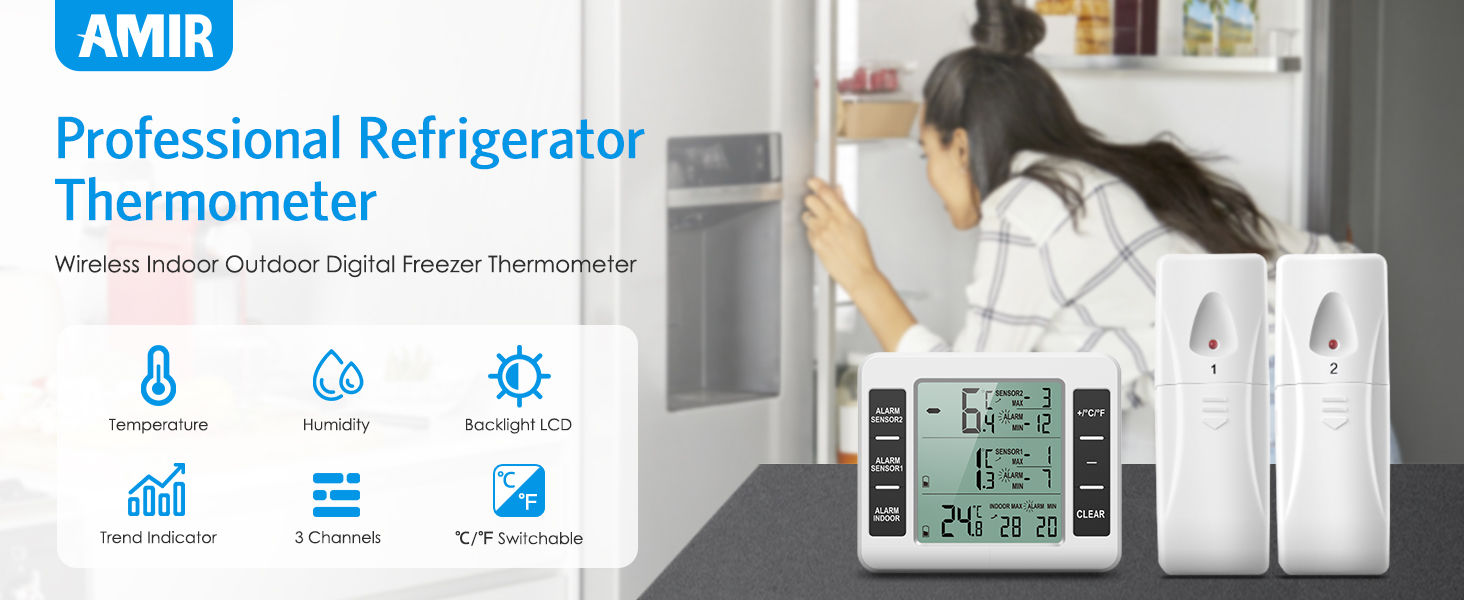 AMIR Refrigerator Thermometer, Wireless Indoor Outdoor Digital Freezer
