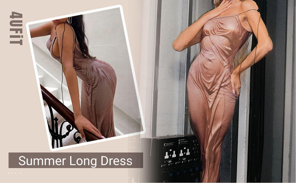 4UFIT Women Printed Spaghetti Strap Maxi Dress Sexy Bodycon Long Dress Backless Elegant Dresses