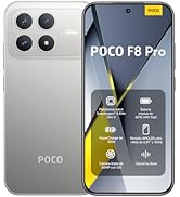 El texto dice «POCO F8 Pro». Varias vistas de un smartphone que muestran la configuración de doble cámara y los elementos de la marca en la carcasa plateada/gris del dispositivo.