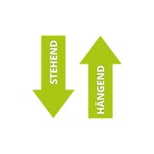 Graphic showing two green arrows on black background. One arrow points down labeled 'STEHEND', the other points up labeled 'HÄNGEND'.