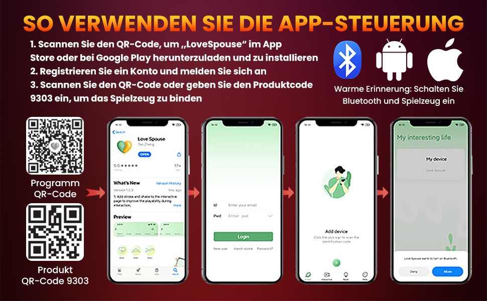 Anleitung zur App-gesteuerten Geräteeinrichtung. Zeigt Smartphone-Bildschirme mit Schritten zum Scannen von QR-Codes, zur Kontoerstellung und zur Gerätekopplung an. Enthält Bluetooth- und Plattformsymbole für Android und iOS