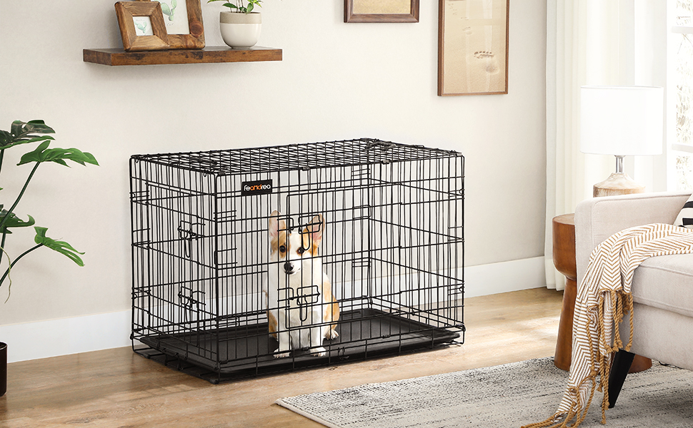 FEANDREA 2 Portes Cage Pour Chien Pliable Et Transportable Avec Poignées Et Plateau 91 X 58 X 64cm Par SONGMICS PPD36H 10 1
