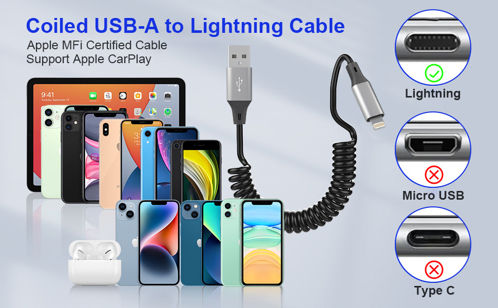 Coiled Lightning Cable Apple Carplay Compatible [Apple MFi