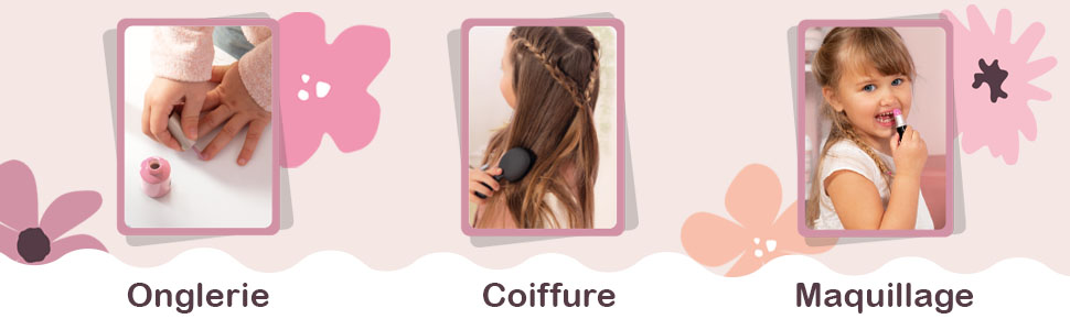 Il testo recita «Onglerie», «Coiffure», «Maquillage». Menu o interfaccia del servizio di bellezza di colore rosa con elementi floreali decorativi.