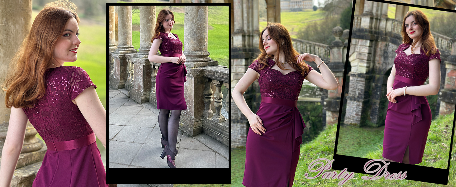 Elegant Square Neck Glitter Sequin Lace Cap Sleeve Cocktail Party Dress