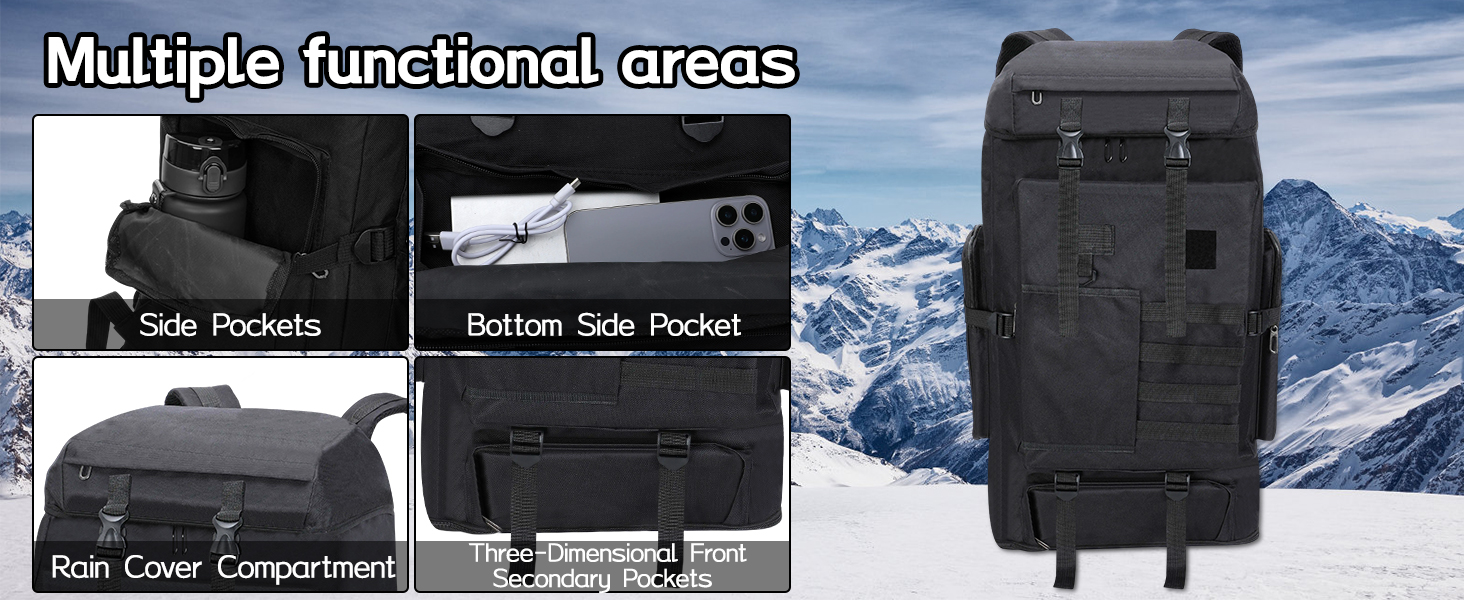 avec de multiples zones fonctionnelles, notamment des poches latérales, une poche latérale inférieure, un compartiment pour la housse de pluie et une poche antivol cachée. L'image principale montre un sac à dos complet sur fond de montagne enneigée