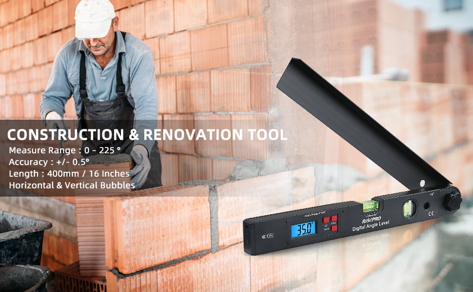 RISEPRO Digital Angle Finder Protractor 0225° Aluminum 16 Inch Backlit