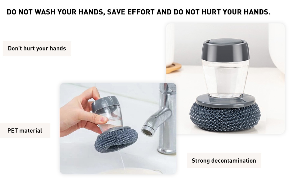 Compact dish scrubber with refillable soap dispenser for easy cleaning