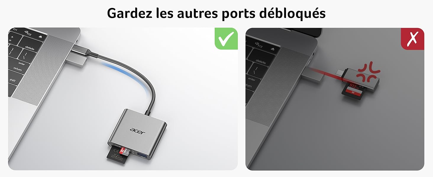 Le texte se lit comme suit : « Gardez les autres ports débloqués ». Image de comparaison montrant l'utilisation correcte et incorrecte du port USB avec une coche et des symboles X.