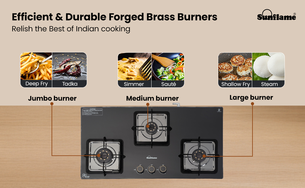 Sunflame 3 Burner Ultra-Slim Hob with 3 high-performance forged brass burners (1 Jumbo, 1 Large, 1 Medium)