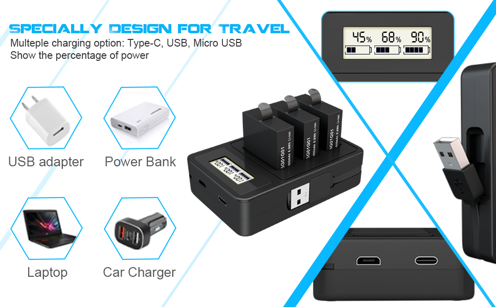 3 Pack Replacement Battery for Gopro Hero 8 Quick Charger