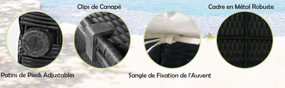 Quatre images circulaires présentant les caractéristiques du mobilier d'extérieur : pieds réglables, clips de canapé, sangles de fixation pour auvent et cadre métallique robuste. Des libellés textuels en français décrivent chaque composant.