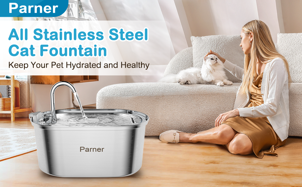 Parner Cat Water Fountain, 3.2L/108oz Stainless Steel Cat Fountain