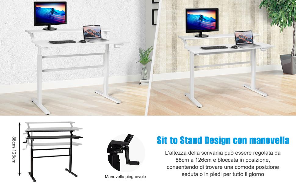 COSTWAY Scrivania Regolabile In Altezza, Scrivania Per Computer Laptop, Con Manovella, Scrivania Moderna In Acciaio E Legno, Con 2 Ripiani, Nero 13 1