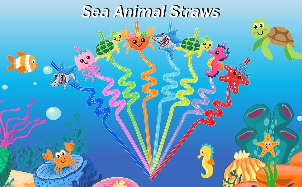 8 Pack Silly Crazy Straws for Kids Reusable, Sea Animal