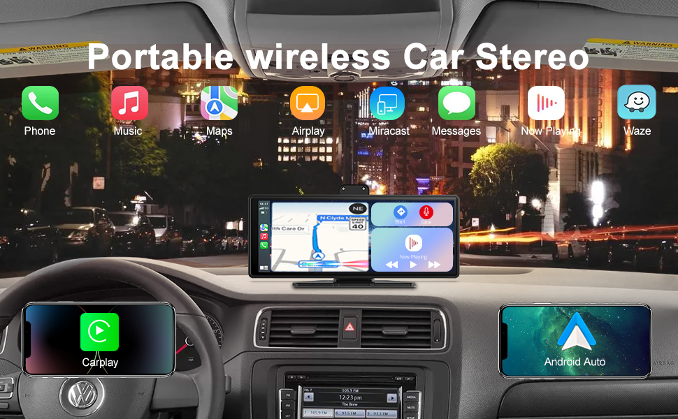 Car dashboard at night showing a portable wireless stereo system with navigation, calling, and music app icons visible on the screen.