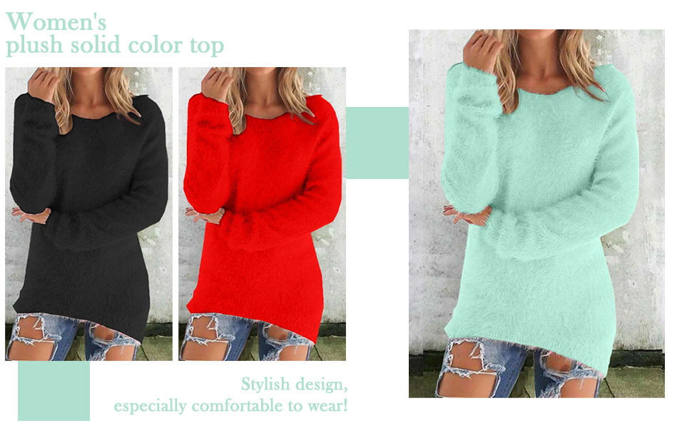 Fleece Sweatshirts for Women Clearance Warm Solid Color Long Sleeve Winter Jumpers Casual Stretch Crewneck Tunic Tops Ladies Soft Cozy Plush Pullover Sweatshirt Outdoor Baggy Blouse 11 fluffy jumpers