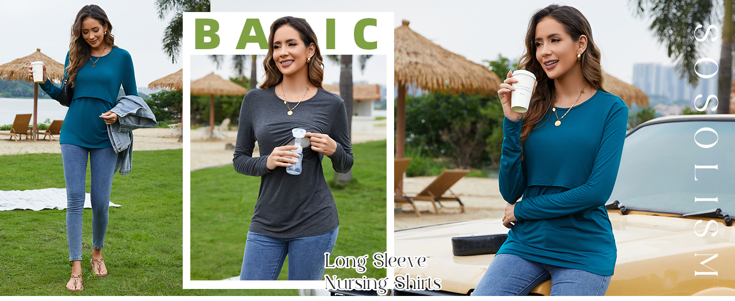 Sosolism Women's Nursing Top Long Sleeve Breastfeeding Shirts Soft Nursing Tee Shirt for Postpartum