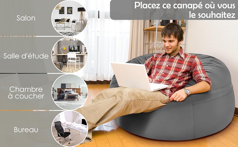 RELAX4LIFE Pouf Géant En Forme De Poire Avec Remplissage D’Éponge, Pouf Poire Avec Housse En Peluche Courte à Fermeture Éclair, Pouf Confortable, Capacité De Charge 150 KG, Pour Salon/Terrasse (Gris) 17 3