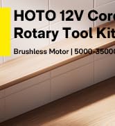 Vista parcial de un producto etiquetado como caja de herramientas rotativas «HOTO 12V» con la especificación de un motor sin escobillas visible
