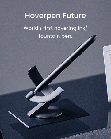 Text reads 'Image 6', 'Hoverpen Future', 'World's first hovering ink/fountain pen'. Product photo of a floating pen above a dark surface with metallic stand.