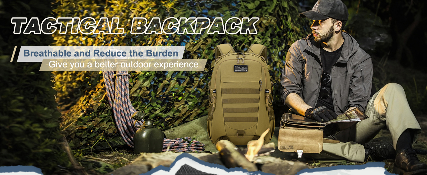 Tactical backpack shown in outdoor setting, featuring multiple compartments, MOLLE webbing system, and earth-tone coloring. Demonstrated in use during outdoor activities.