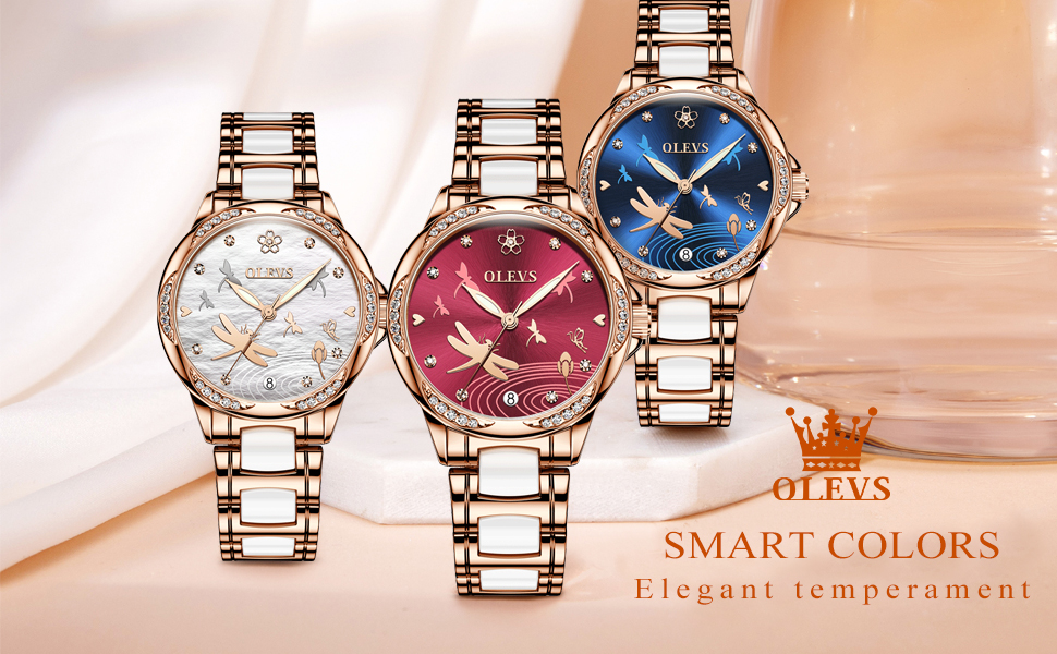 OLEVS Lady Watch Montre automatique pour femme avec bracelet en céramique analogique et diamant