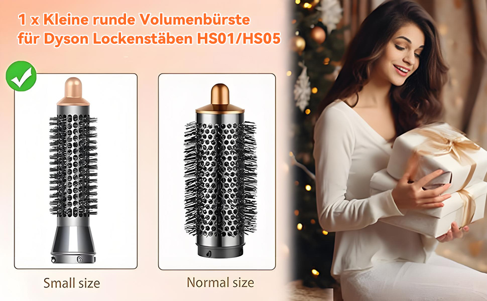 De tekst luidt '1.5 Kleine runde Volumenburste fur Dyson Lockenstabe HD01/HD03'. Productvergelijking met twee ronde stylingborstels van verschillende afmetingen.