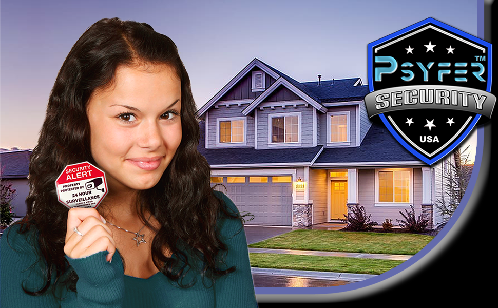 Female holding Security Notice Decal in front of home with Psyfer logo displayed in upper right.