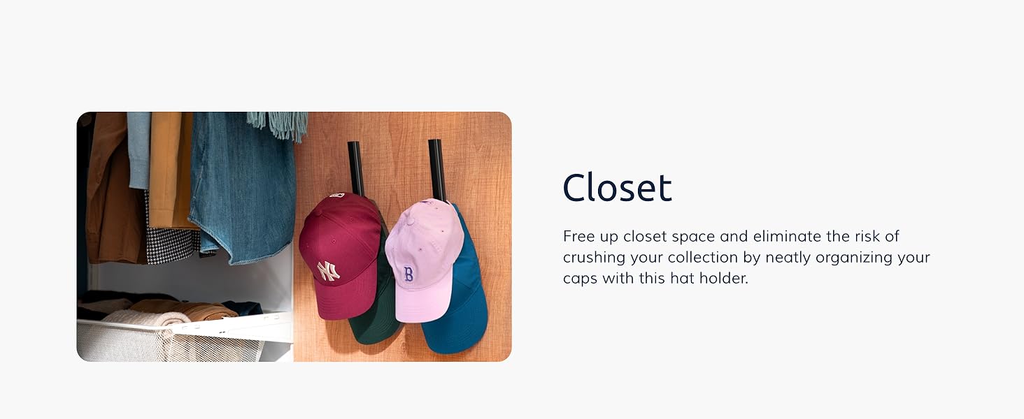 caps neatly organized on wall mount rack inside closet to free up space and prevent misshape