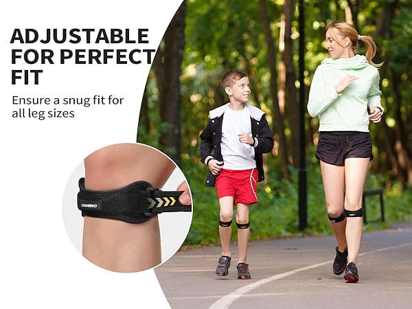 Text reads 'ADJUSTABLE FOR PERFECT FIT, all leg sizes'. Series of images showing ankle support or brace being worn during walking activities.