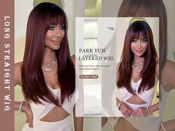 Amazon.com : PARK YUN Long Straight Wine Red Wig with Bangs