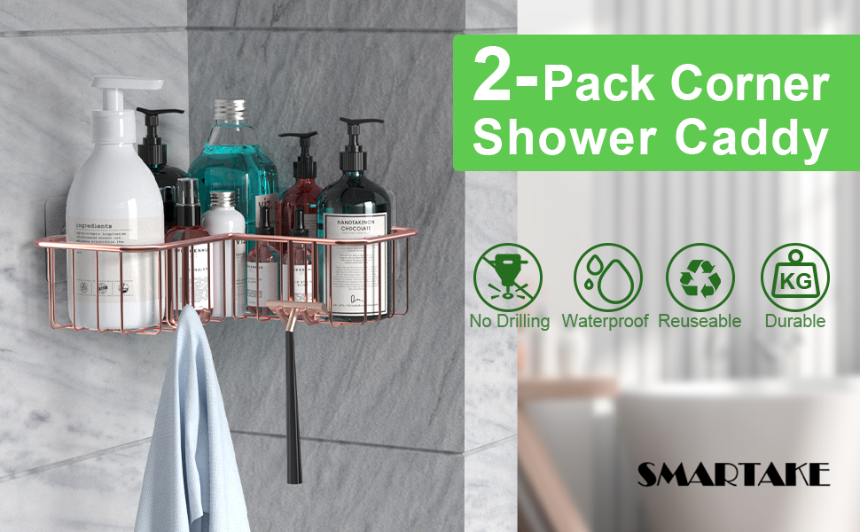 SMARTAKE 2Pack Corner Shower Caddy, Adhesive Bath Shelf with Hooks, SUS304