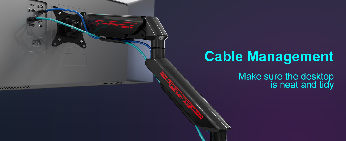 Text reads 'Cable Management' and 'is neat and tidy'. Dark-themed gaming setup showing organized cable management system with blue accent lighting.