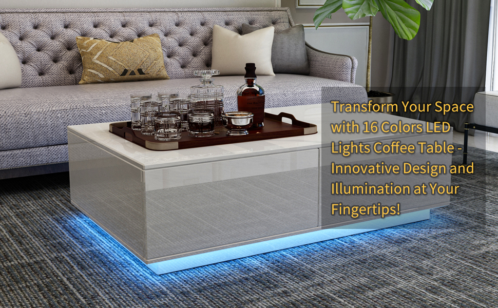 DMAITH LED Coffee Table, White Modern High Gloss Coffee
