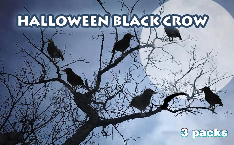 FUNPENY Halloween Black Feathered Crows, 3 Pack Black Crows
