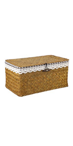 Woven Wicker Storage Bin with Lid Natural Seagrass Basket Box Multipurpose Home Organizer for Shelf