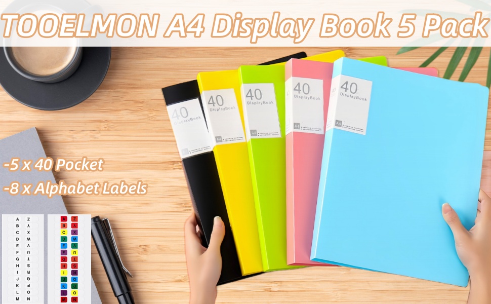 A4 Display Folders, 5 Pack 40 Pockets Display Book with 8 Alphabet