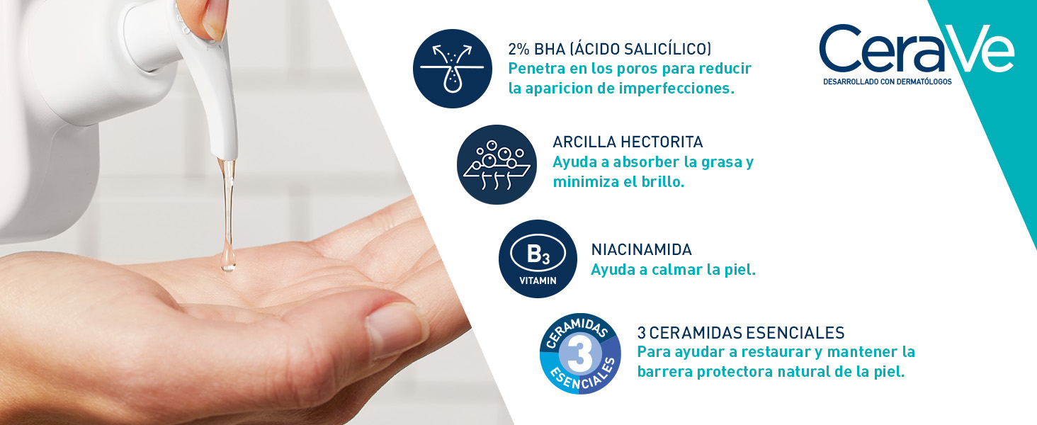 O texto diz: "CeraVe". Demonstração do produto mostrando um produto para cuidados com a pele dispensado manualmente, com três ícones azuis circulares indicando os benefícios do produto.